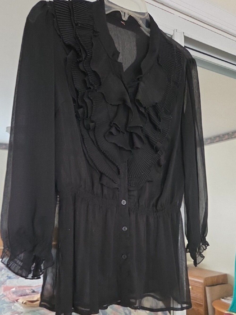 Sheer Black Ruffle-Front Women's Blouse - Picture 2 of 3